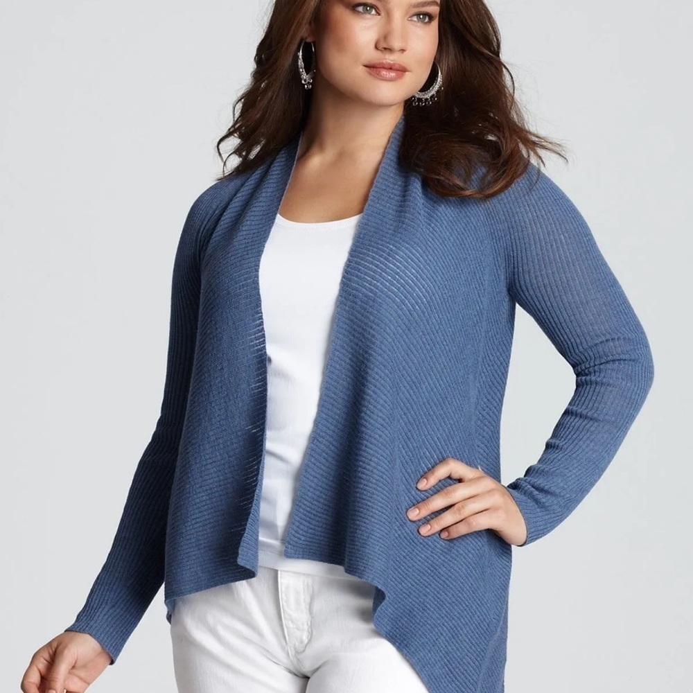 Eileen Fisher 100% Wool Open Front Knit Shawl Collar Diagonal Hem Cardigan PM
